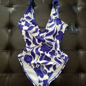 ❗Kate Spade New York Zigzag Blue White Floral V-Neck One-Piece Swimsuit XS❗